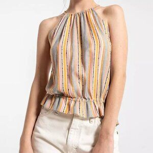 Others Follow Gemini High Neck  Striped Open Back Tank Top Multicolor Coral  XS